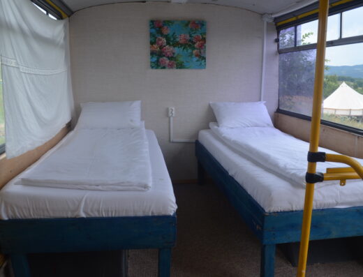 Two single beds with white bedding are placed on blue frames inside a room with large windows, light walls, and a floral painting on the wall between the beds.