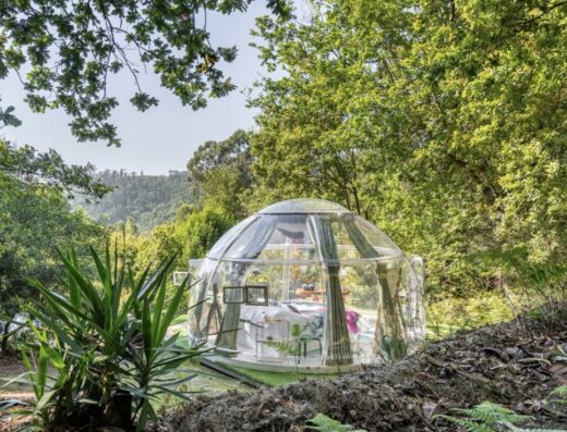 A glass dome sits on top of a hill in the woods.
