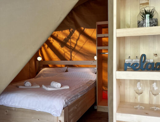 A tent with a bed and a bookcase in it.