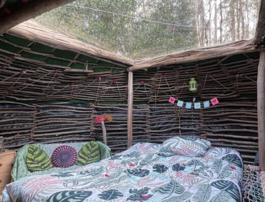 A hammock bed in a tree house.