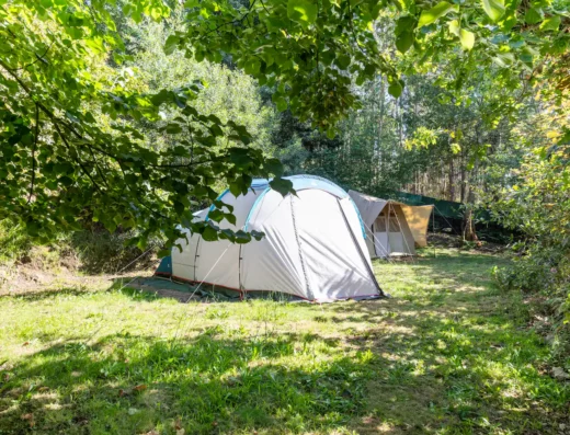 A tent set up in a wooded area.