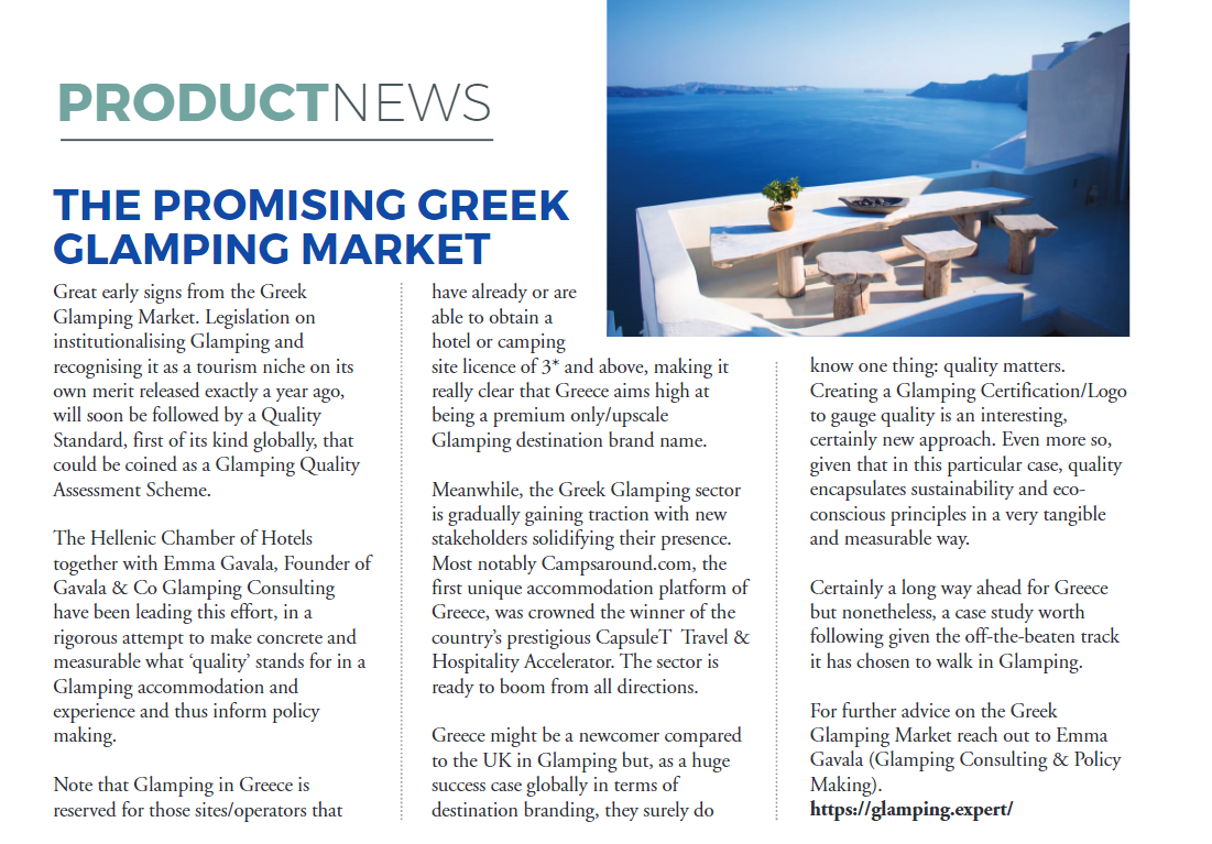 News article discussing the promising potential of the Greek glamping market expansion and featuring the launch of a quality assurance program, Campsaround Leads the Way in Greece's Booming Glamping Sector certification.