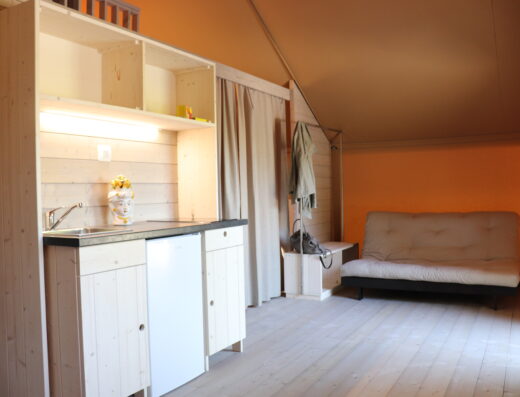 A small, well-lit room featuring a kitchenette on the left and a sofa bed on the right with wooden floors and orange walls.