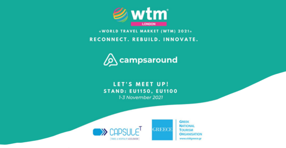 Exhibition invitation for World Travel Market (WTM) London, featuring Campsaround's participation.