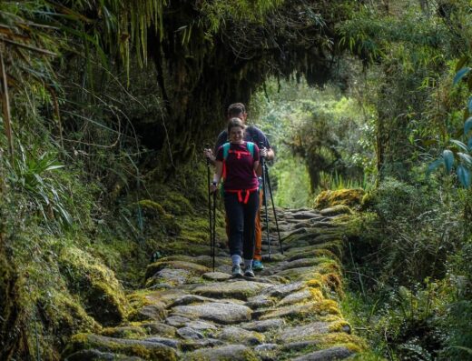 Two people hiking on a rocky path through dense green vegetation. One person follows closely behind the other, both using trekking poles.