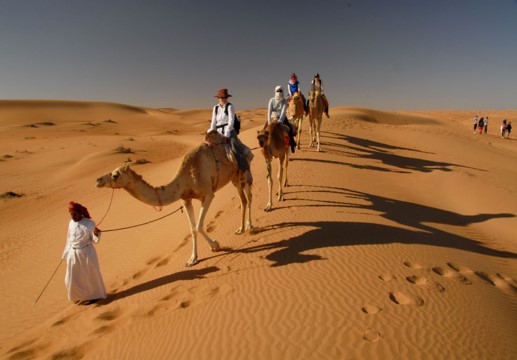 A group of tourists, led by guides, rides camels across a sandy desert landscape under a clear sky.