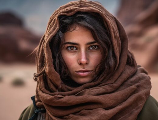 A person with brown eyes and brown hair wrapped in a brown scarf stands in a desert landscape.