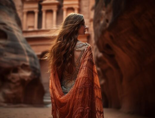 A woman with long hair dressed in an ornate gown stands in a narrow canyon with historic stone architecture in the background.