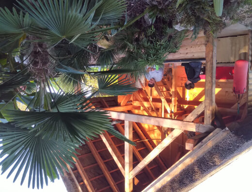 Two people stand in front of a wooden structure with a thatched roof, surrounded by lush greenery and palm plants. A red punching bag is hanging on the left side of the structure.