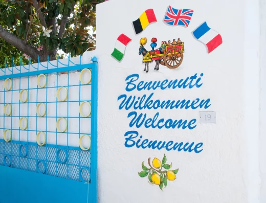 A white wall with "Welcome" written in multiple languages, flags of various countries above, and a blue gate with a grid pattern beside it.