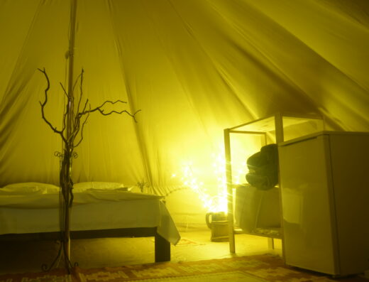 A yellow-lit tent interior with a bed, a small refrigerator, a coat rack, and illuminated decorative branches on a patterned rug.